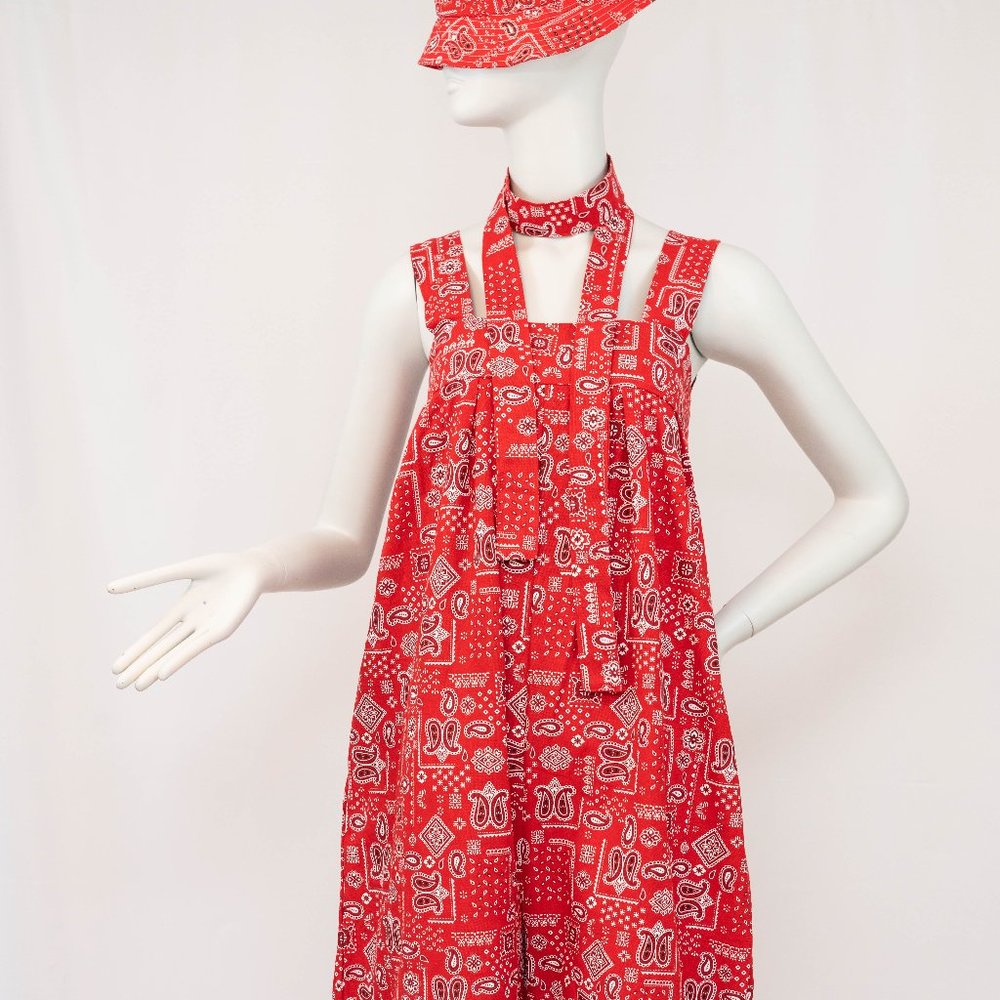 Women's Vintage Red Sleeveless Full Size Boho Chic Paisley Designer Jumpsuit - Picture 3 of 11